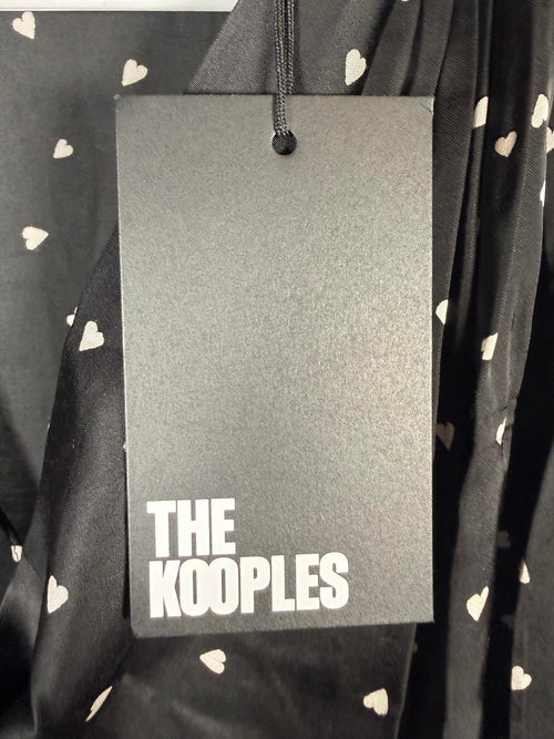 The Kooples Heart Print Tie Neck Blouse Size 0 (US XS) Black Sheer V-Neck NWT