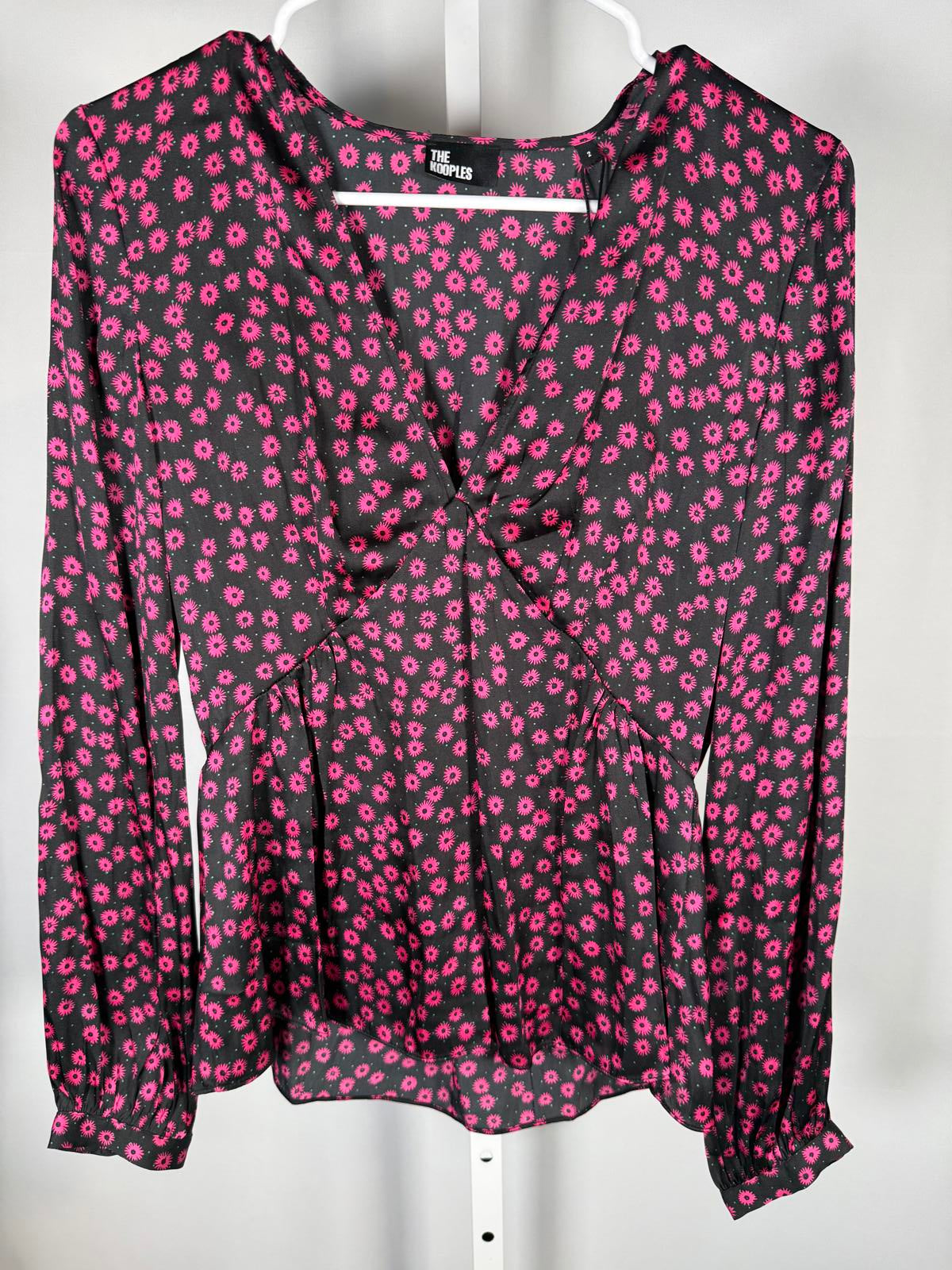 The Kooples Daisy Dots Silk Blouse Size US Medium FR 2 Black Pink NWT $215