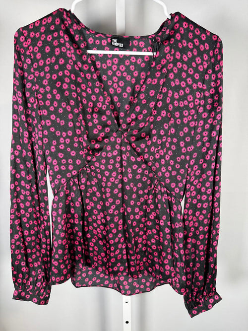 The Kooples Daisy Dots Silk Blouse Size US Medium FR 2 Black Pink NWT $215