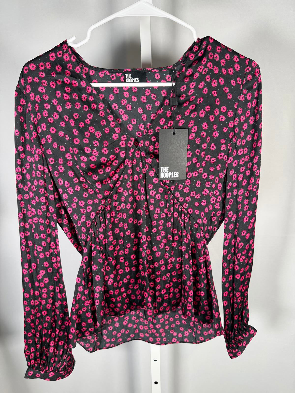 The Kooples Daisy Dots Silk Blouse Size 1 (US S) Black Pink NWT