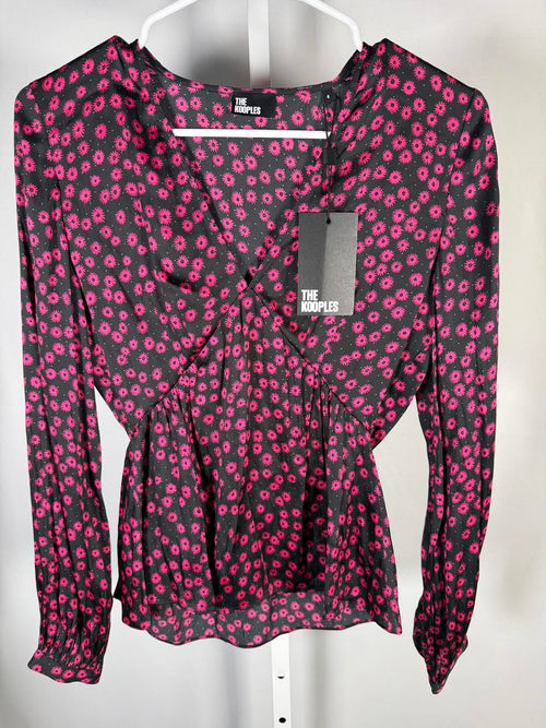 The Kooples Daisy Dots Silk Blouse Size 0 (US XS) Black Pink NWT