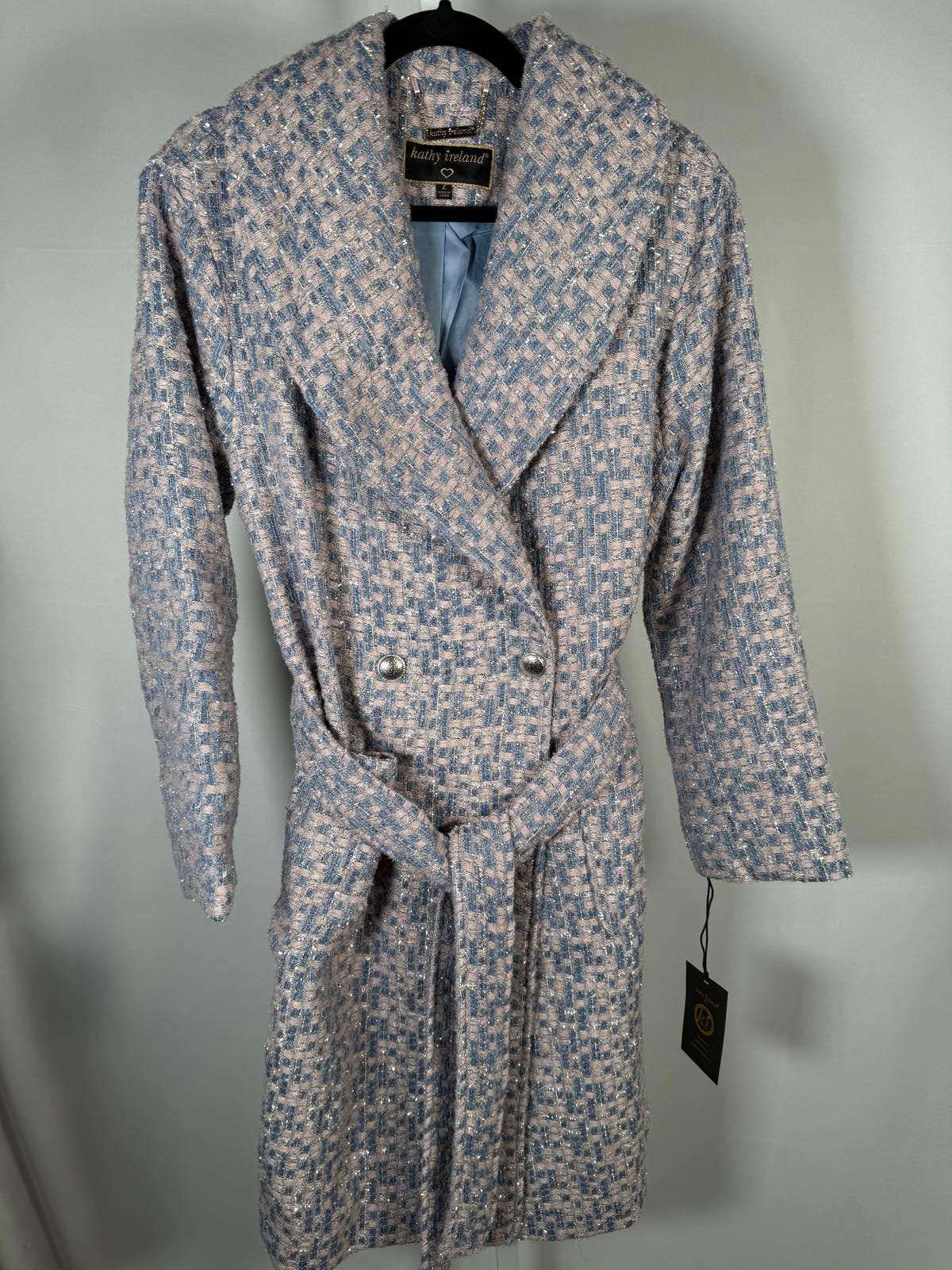 NWT Kathy Ireland Women's Metallic Plaid Belted Long Coat Size Large