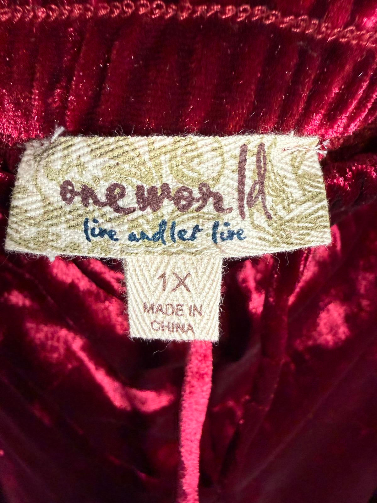 NWT One World Live and Let Live Red Crushed Velvet Jogger Pants Size 1X