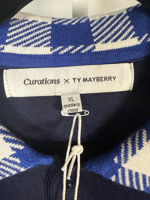 NWT Curations x TY Mayberry Women’s Navy Knit Sweater Top Blue Gingham Collar XL