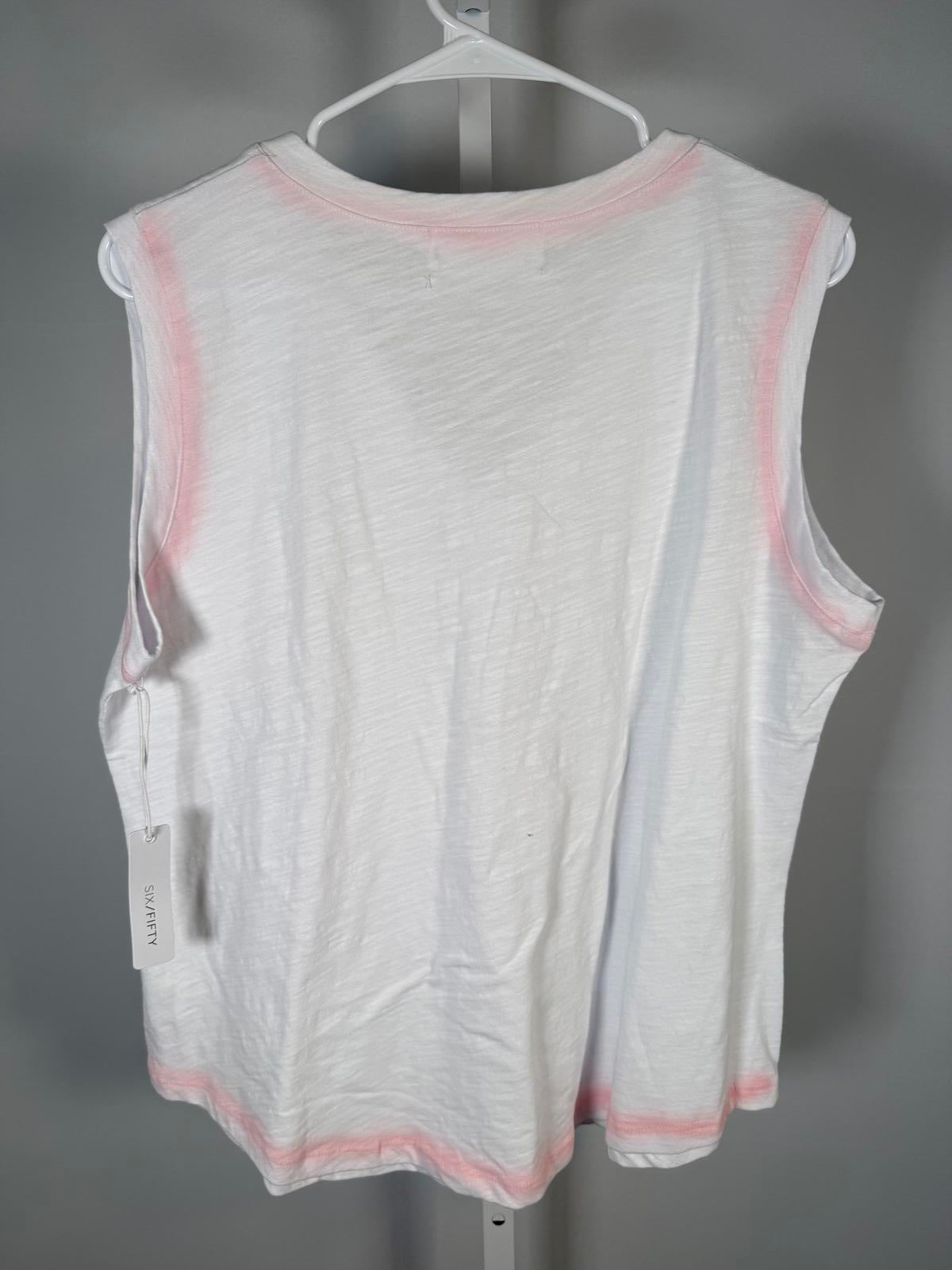 NWT Six/Fifty Women’s White Sleeveless V-Neck Tank Top Pink Trim Size XL
