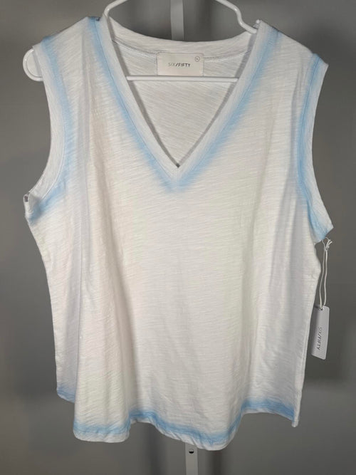 NWT Six/Fifty Women’s White V-Neck Sleeveless Tank Top Blue Trim Size XL