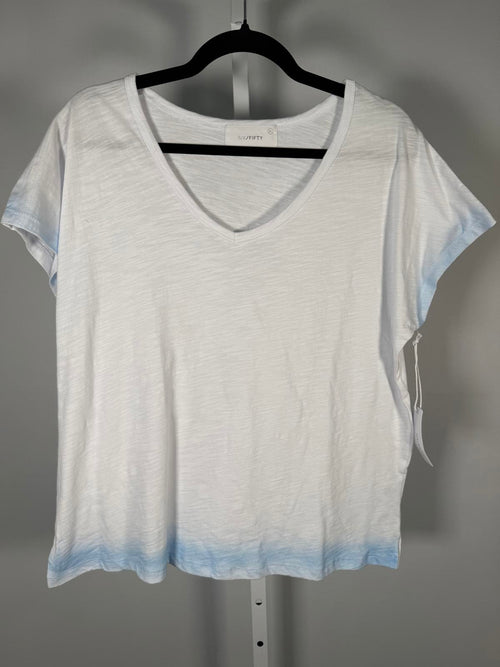 NWT Six/Fifty Women’s White V-Neck T-Shirt Blue Ombre Hem Short Sleeve Size XL