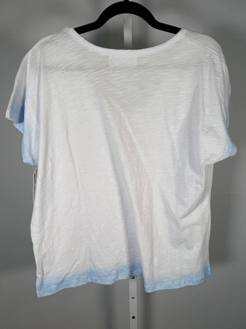 NWT Six/Fifty Women’s White V-Neck T-Shirt Blue Ombre Hem Short Sleeve Size XL