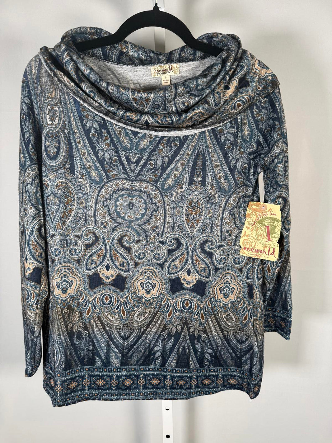 NWT One World Women’s Blue Paisley Cowl Neck Top Size Small