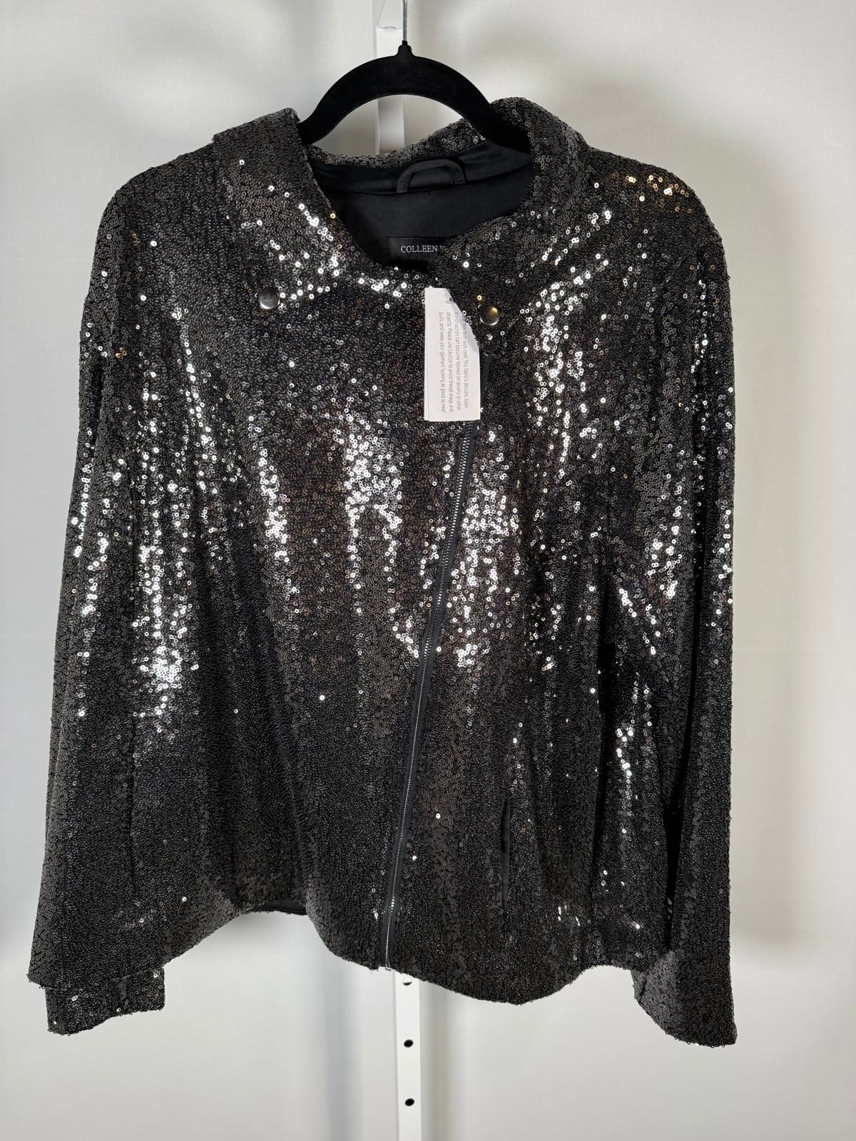 NWT Colleen Lopez Gunmetal Sequin Moto Jacket Sparkly Biker Blazer Size 2X