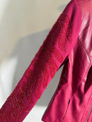 Colleen Lopez Beaded Mesh Sleeve Faux Leather Moto Jacket Size XS