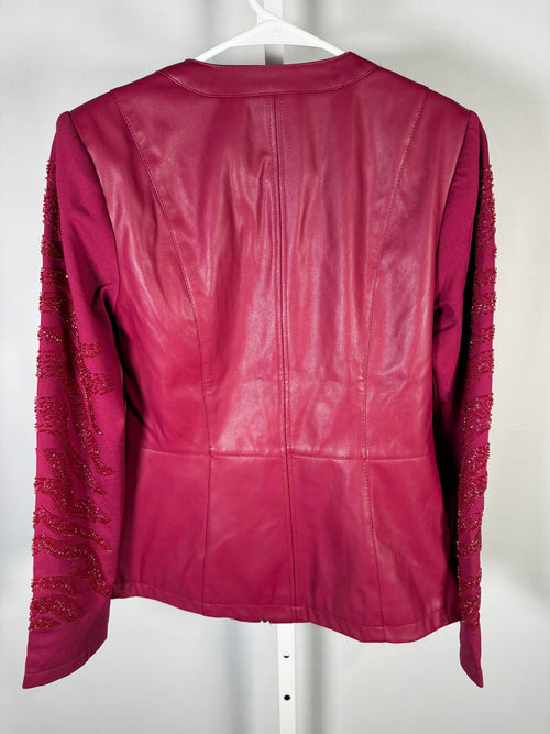Colleen Lopez Beaded Mesh Sleeve Faux Leather Moto Jacket Size XS