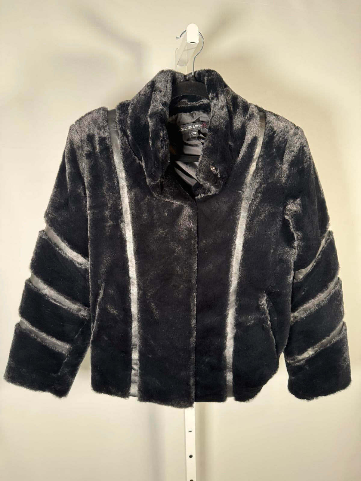 Colleen Lopez Black Faux Fur Jacket Cropped Plush Coat Size XXS