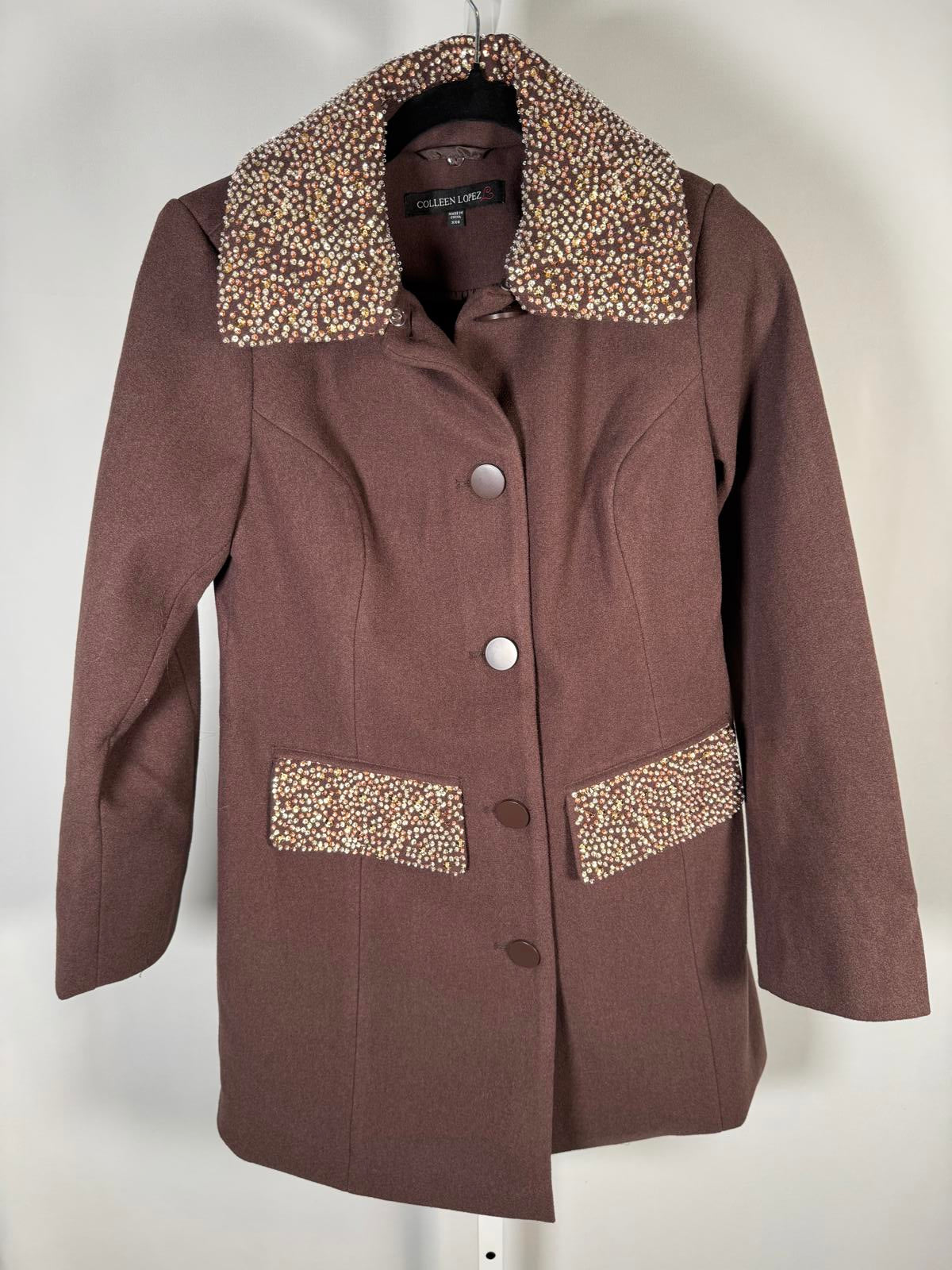 Colleen Lopez Womens Faux Wool Coat Brown Bead Detail Removable Collar Size XXS