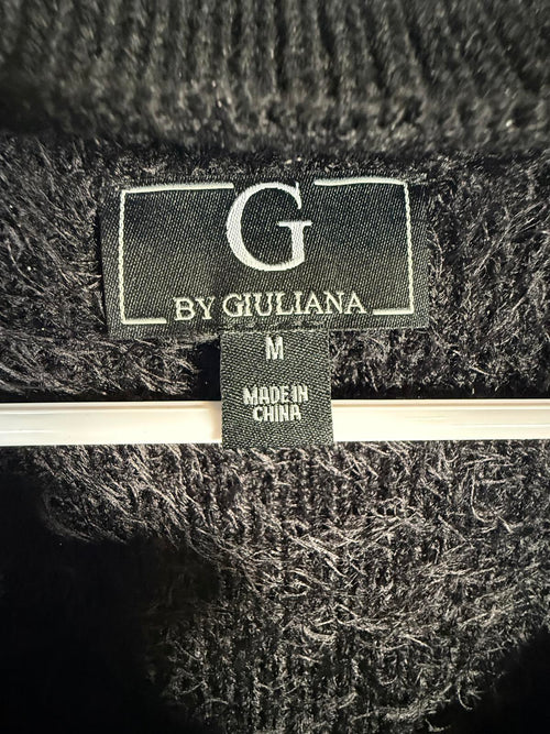 G by Giuliana Fuzzy Knit Scoop Neck Sweater Mock Turtleneck Detail Black M