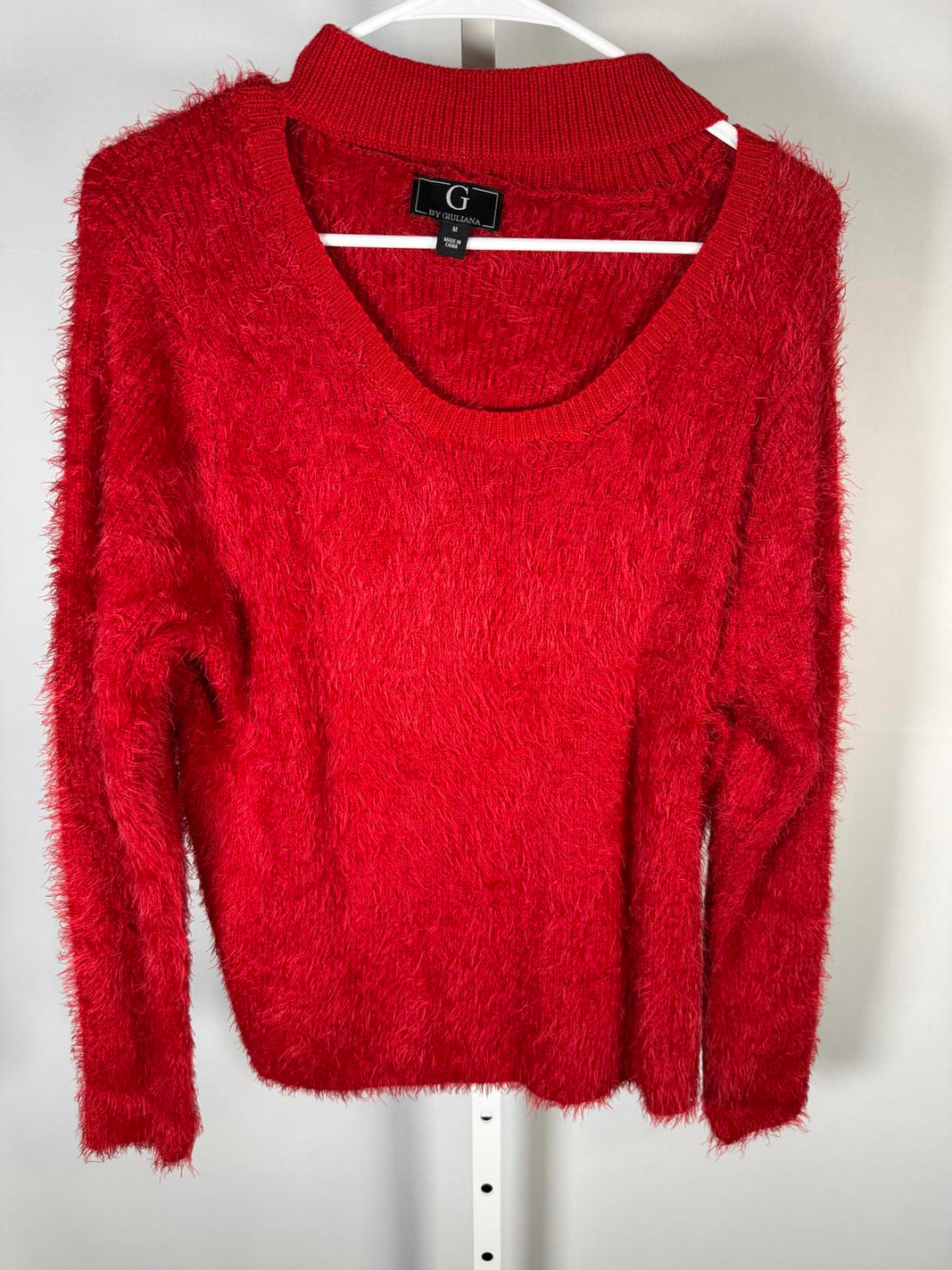 G by Giuliana Fuzzy Knit Scoop Neck Sweater Mock Turtleneck Detail Red Size M