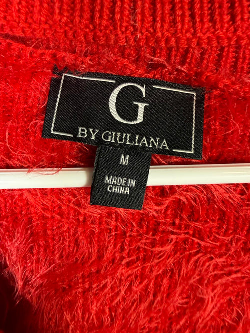 G by Giuliana Fuzzy Knit Scoop Neck Sweater Mock Turtleneck Detail Red Size M