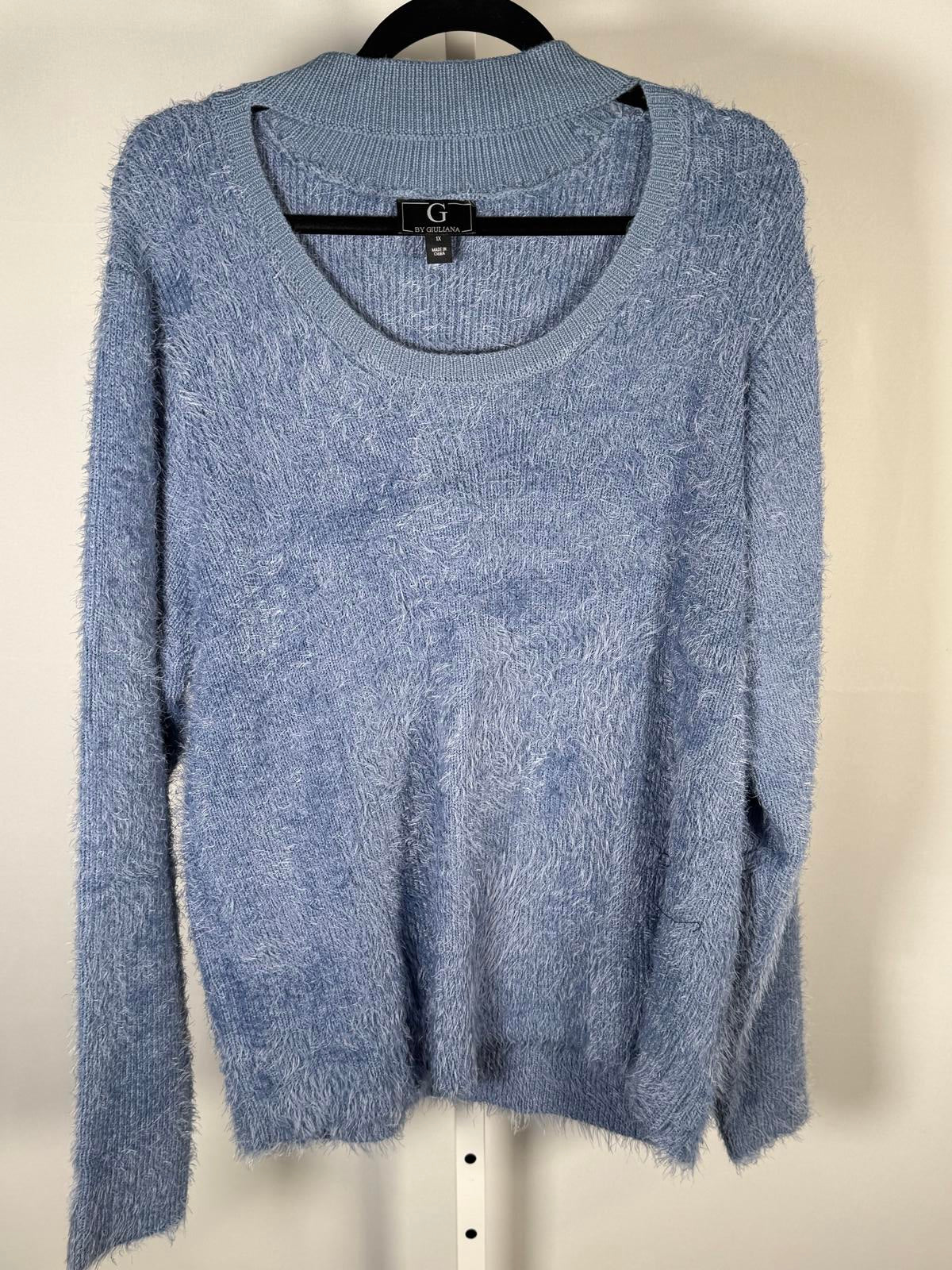 G by Giuliana Fuzzy Knit Scoop Neck Sweater Mock Turtleneck Detail Blue 1X