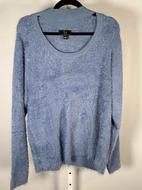 G by Giuliana Fuzzy Knit Scoop Neck Sweater Mock Turtleneck Detail Blue XL