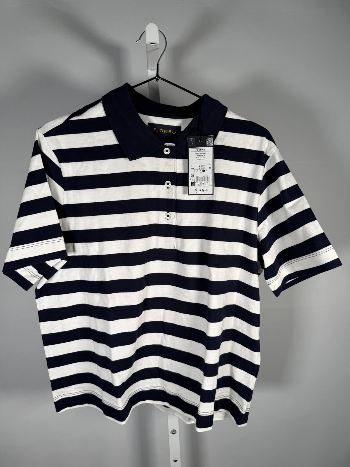 NWT Piombo White Blue Striped Polo Shirt Women's Size Large