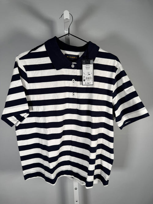NWT Piombo White Blue Striped Polo Shirt Women's Size Large