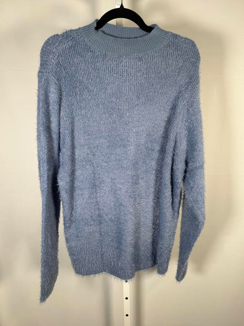 G by Giuliana Fuzzy Knit Scoop Neck Sweater Mock Turtleneck Detail Blue Medium