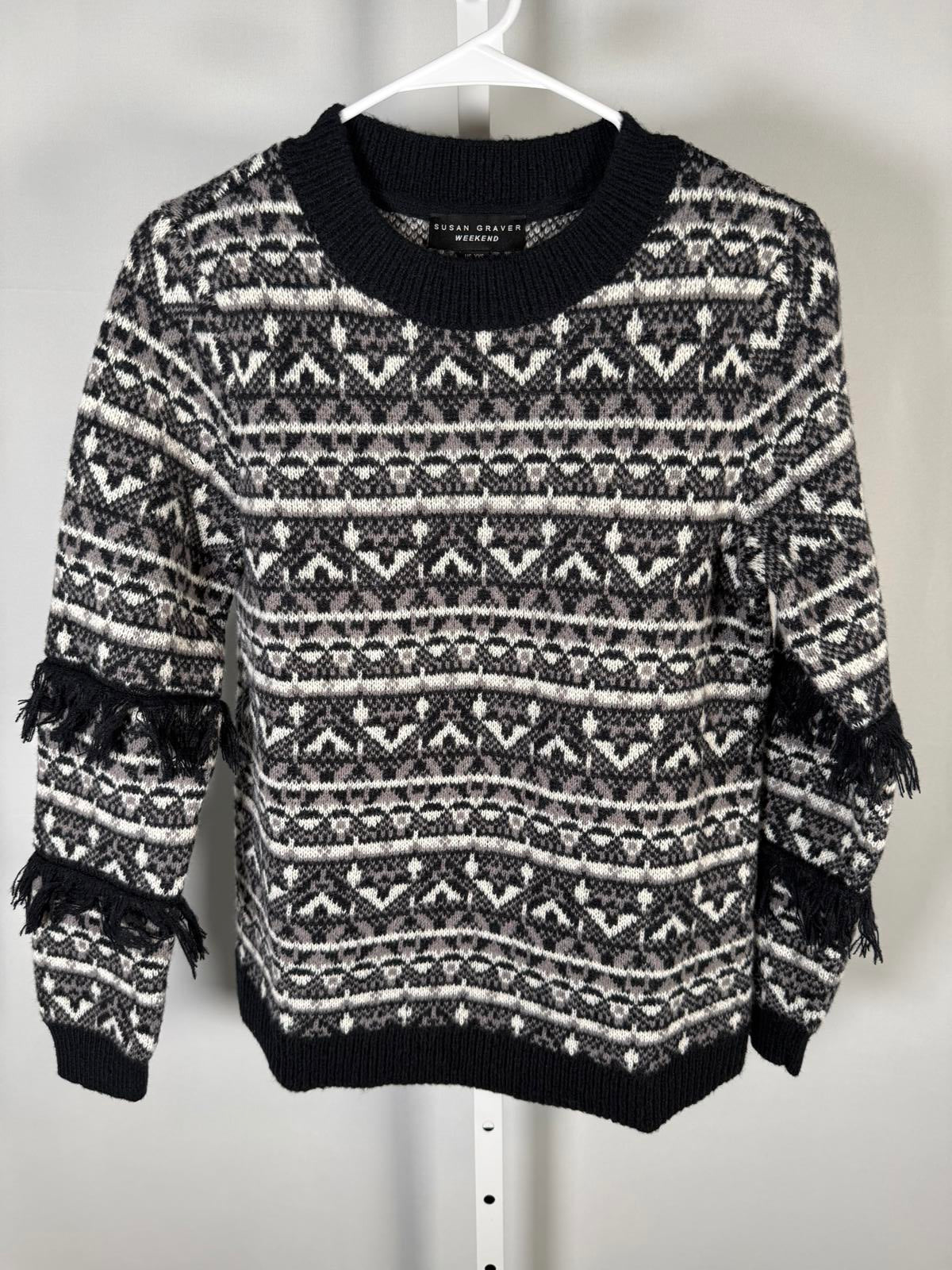 Susan Graver Weekend Intarsia Fringe Sweater Black Size XXS