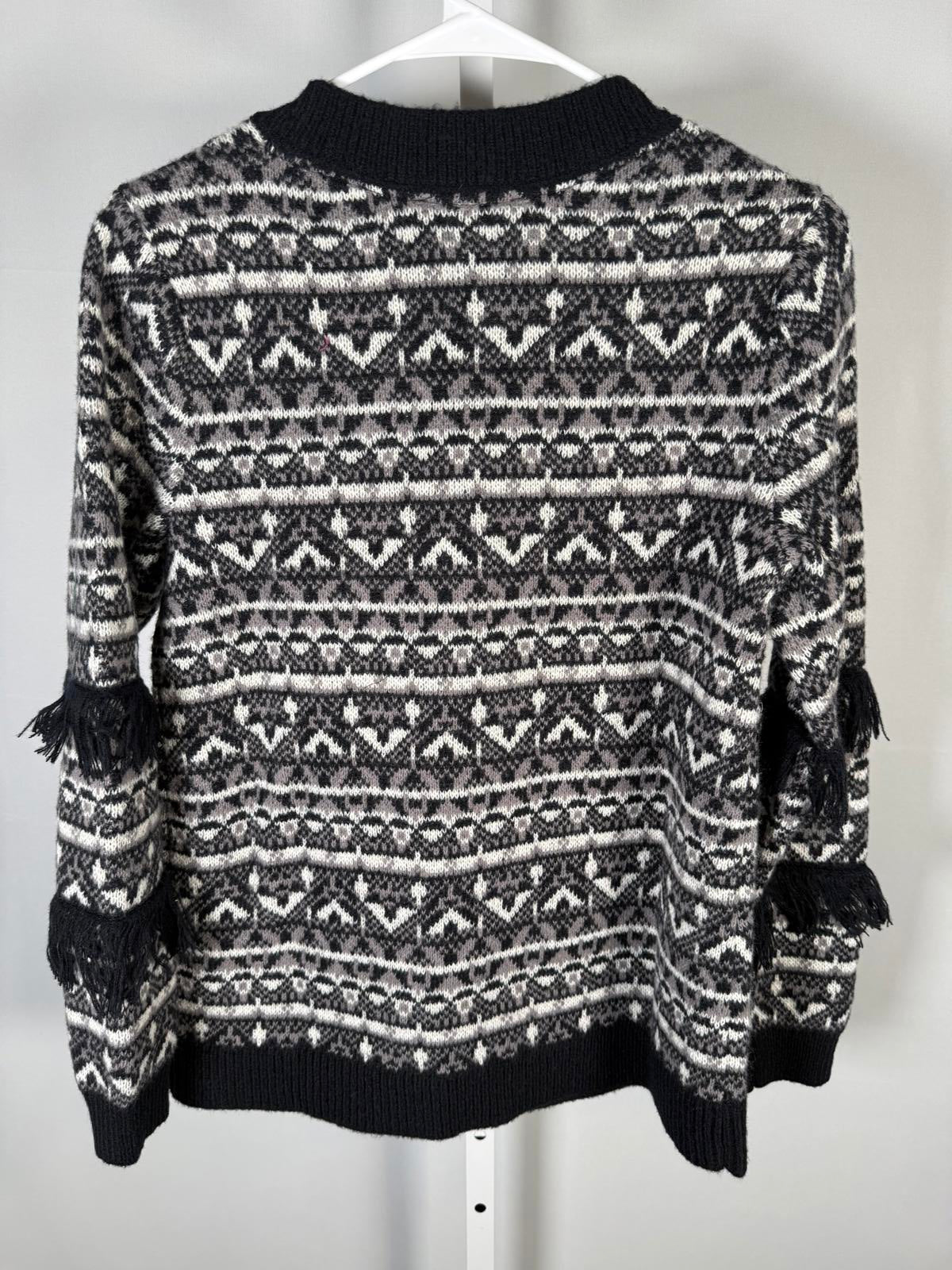 Susan Graver Weekend Intarsia Fringe Sweater Black Size XXS