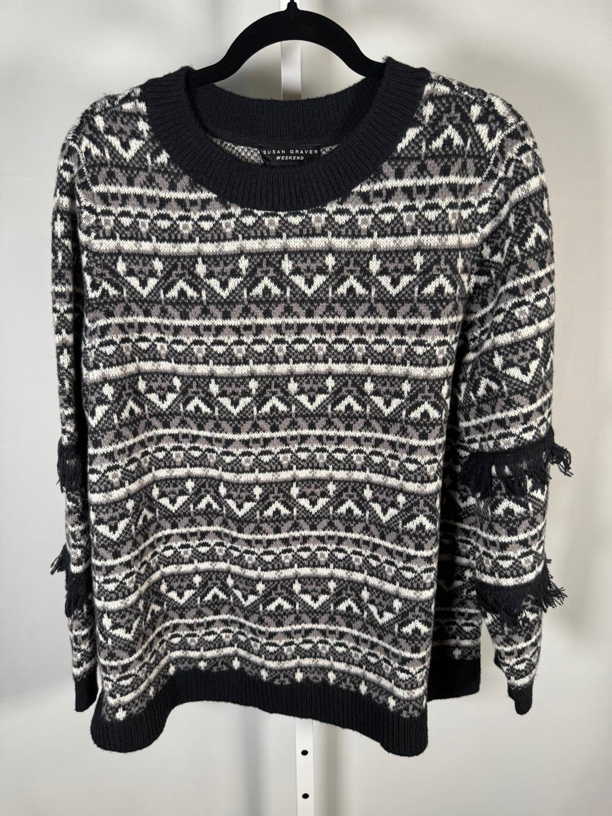 Susan Graver Weekend Intarsia Fringe Sweater Black Size 1X