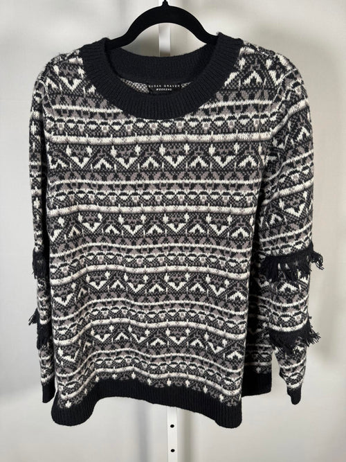 Susan Graver Weekend Intarsia Fringe Sweater Black Size 1X