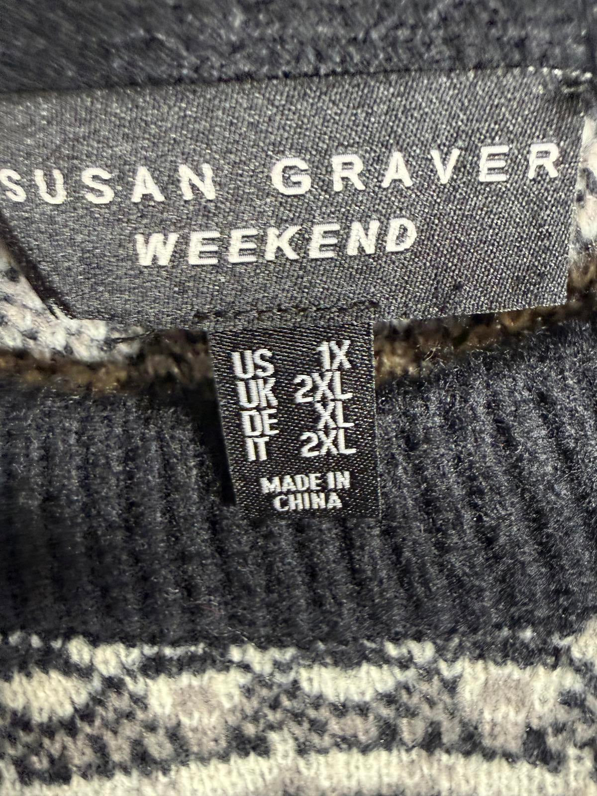 Susan Graver Weekend Intarsia Fringe Sweater Black Size 1X