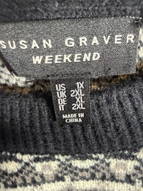 Susan Graver Weekend Intarsia Fringe Sweater Black Size 1X