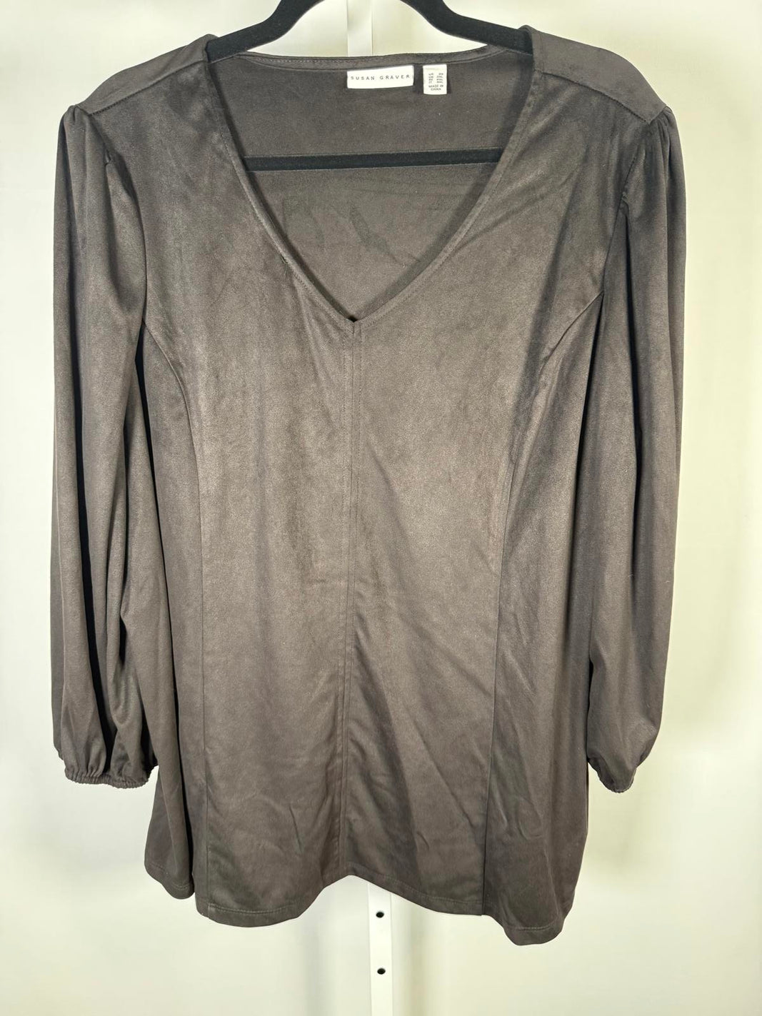 Susan Graver Faux Suede V-Neck Fit & Flare 3/4 Sleeve Top Black Size 2X
