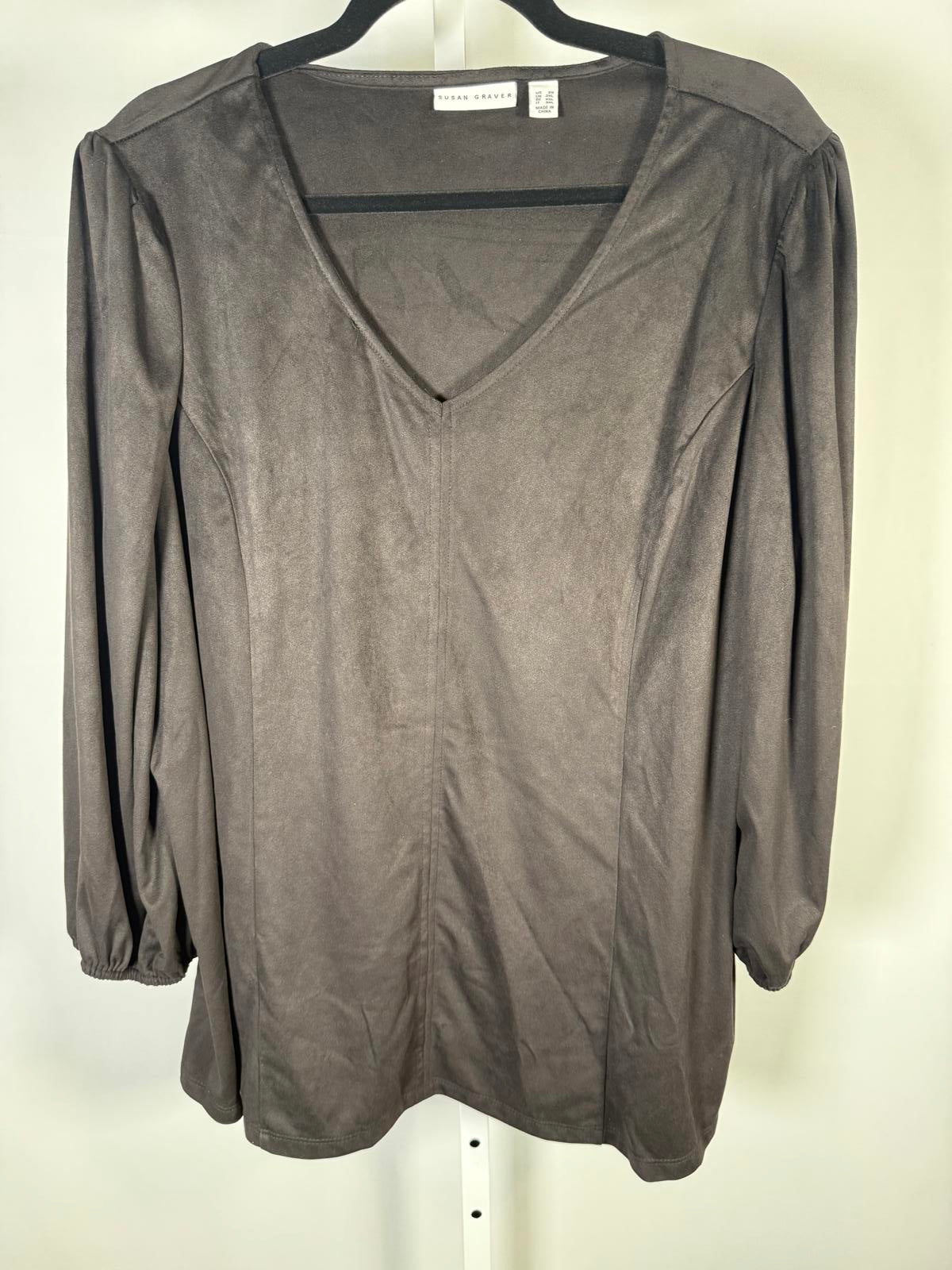Susan Graver Faux Suede V-Neck Fit & Flare 3/4 Sleeve Top Black Size 2X