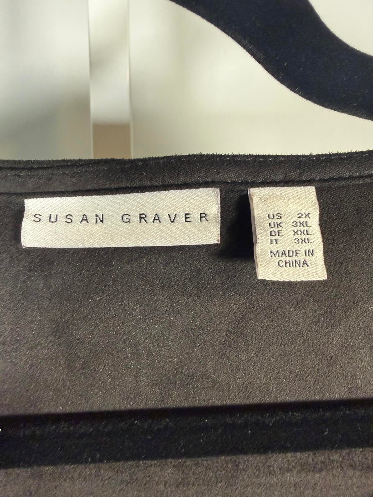 Susan Graver Faux Suede V-Neck Fit & Flare 3/4 Sleeve Top Black Size 2X