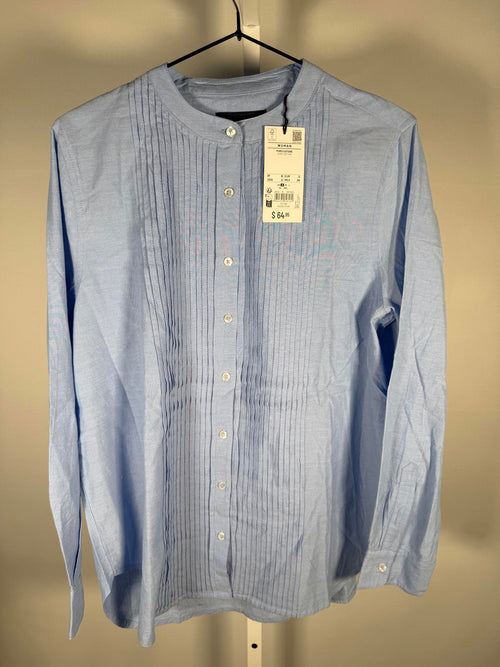 NWT Piombo Chambray Blue Pleated Detail Button Front Blouse Size Small