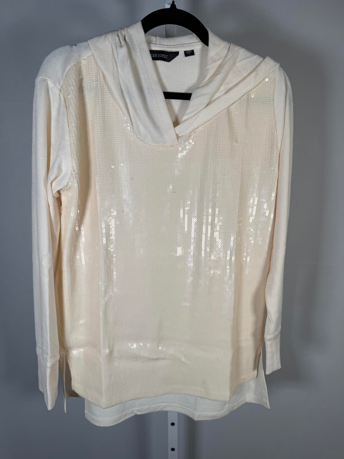 Colleen Lopez Women's Mixed Media Sequin Front Hoodie Cream Size Small