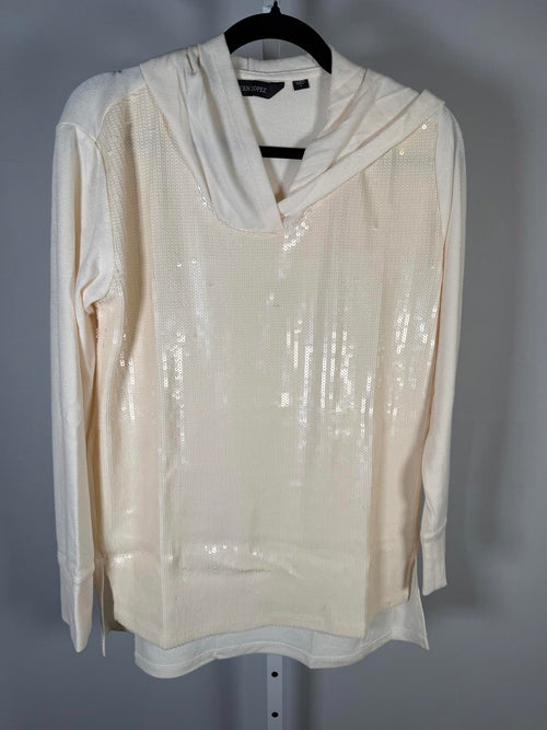 Colleen Lopez Women's Mixed Media Sequin Front Hoodie Cream Size Small