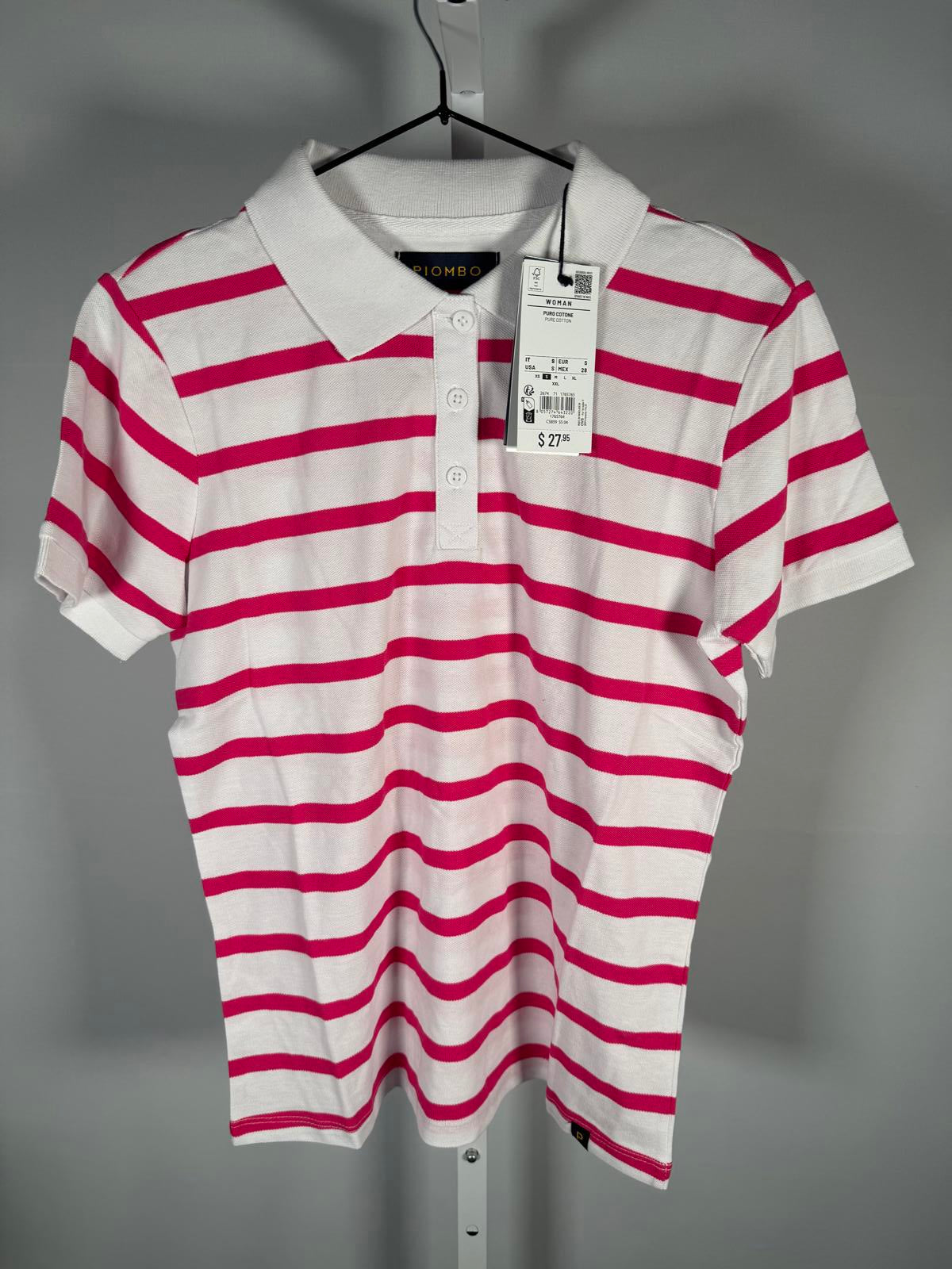 NWT Piombo Women's Pink White Striped Piqué Polo Shirt US Size Small