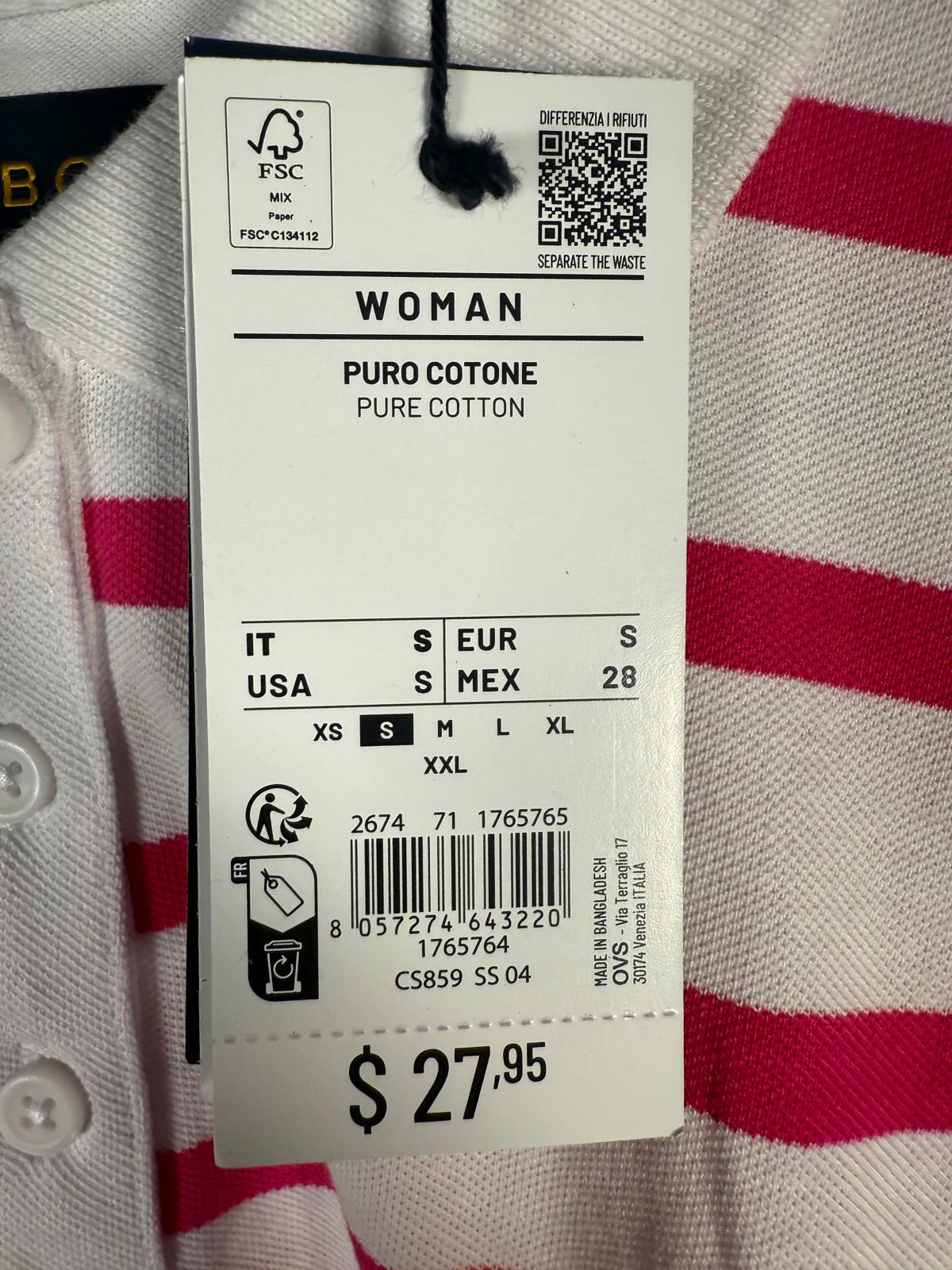 NWT Piombo Women's Pink White Striped Piqué Polo Shirt US Size Small