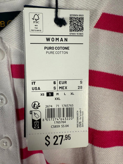 NWT Piombo Women's Pink White Striped Piqué Polo Shirt US Size Small