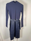 Colleen Lopez Ribbed Knit and Faux Leather Belted Dress Navy Size XXS