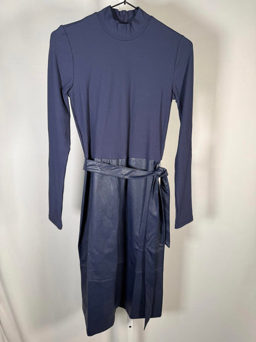 Colleen Lopez Ribbed Knit and Faux Leather Belted Dress Navy Size XXS