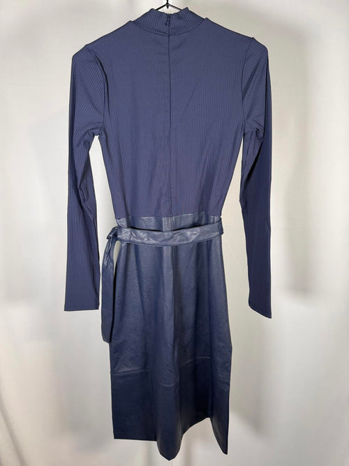 Colleen Lopez Ribbed Knit and Faux Leather Belted Dress Navy Size XXS