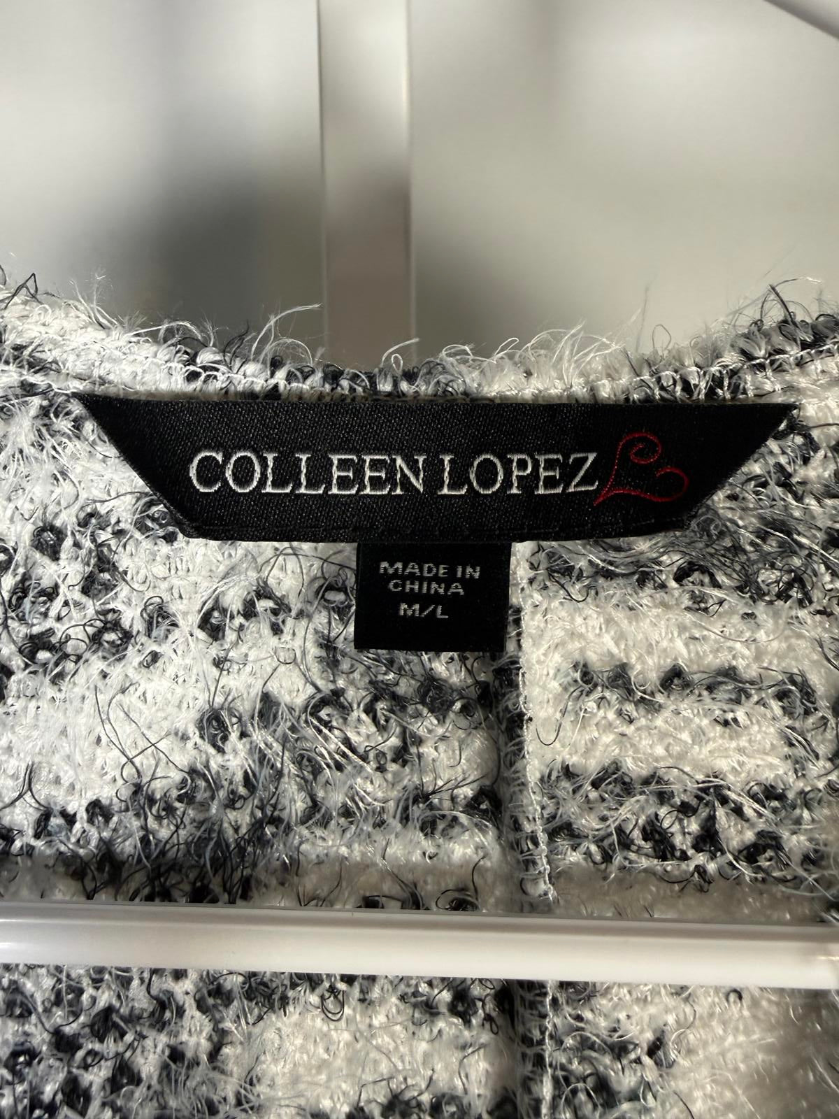NWT Colleen Lopez Fuzzy Knit Belted Poncho Black White Open Front Size M/L