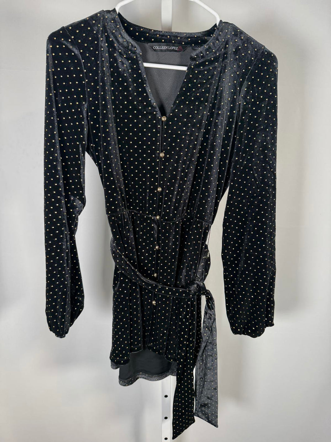 Colleen Lopez Black Velvet Studded Polka Dot Belted Peplum Top Size XXS