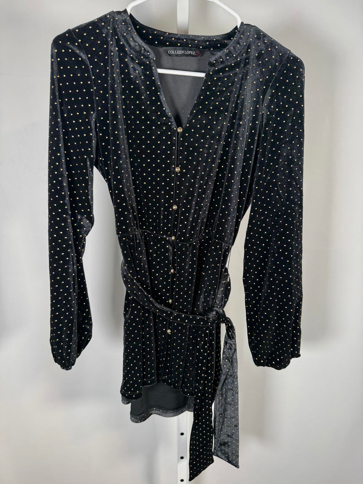 Colleen Lopez Black Velvet Studded Polka Dot Belted Peplum Top Size XXS