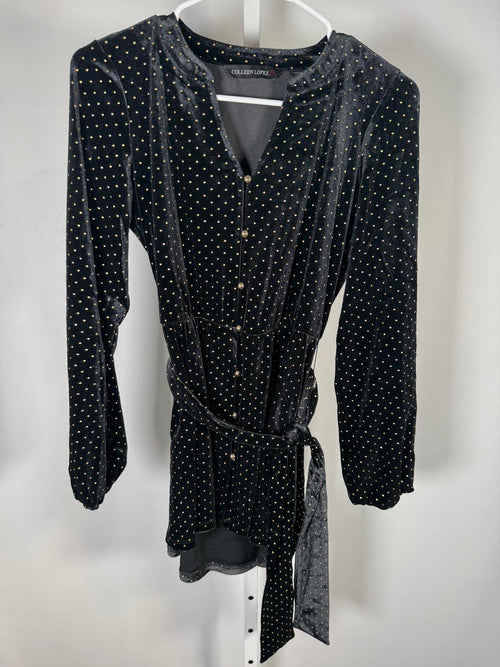 Colleen Lopez Black Velvet Studded Polka Dot Belted Peplum Top Size XXS