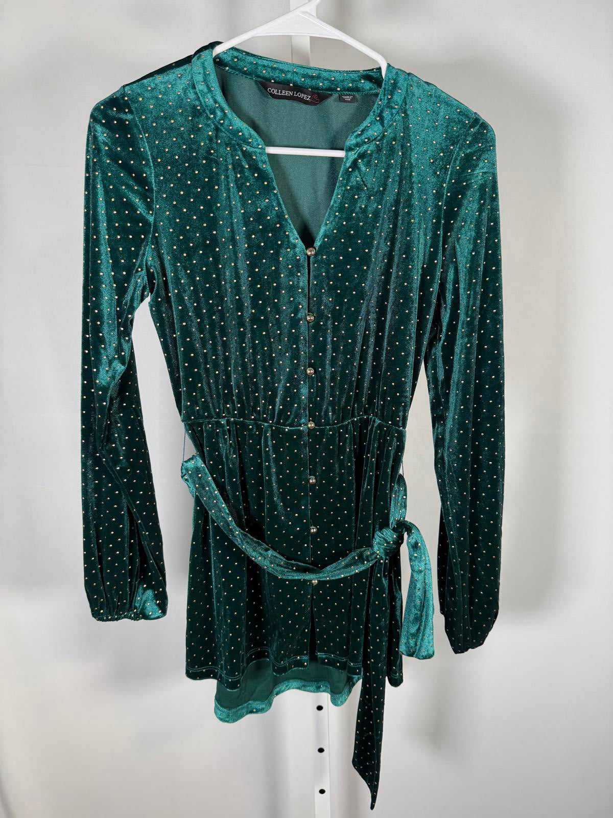 Colleen Lopez Green Velvet Studded Belted Peplum Blouse Size XXS