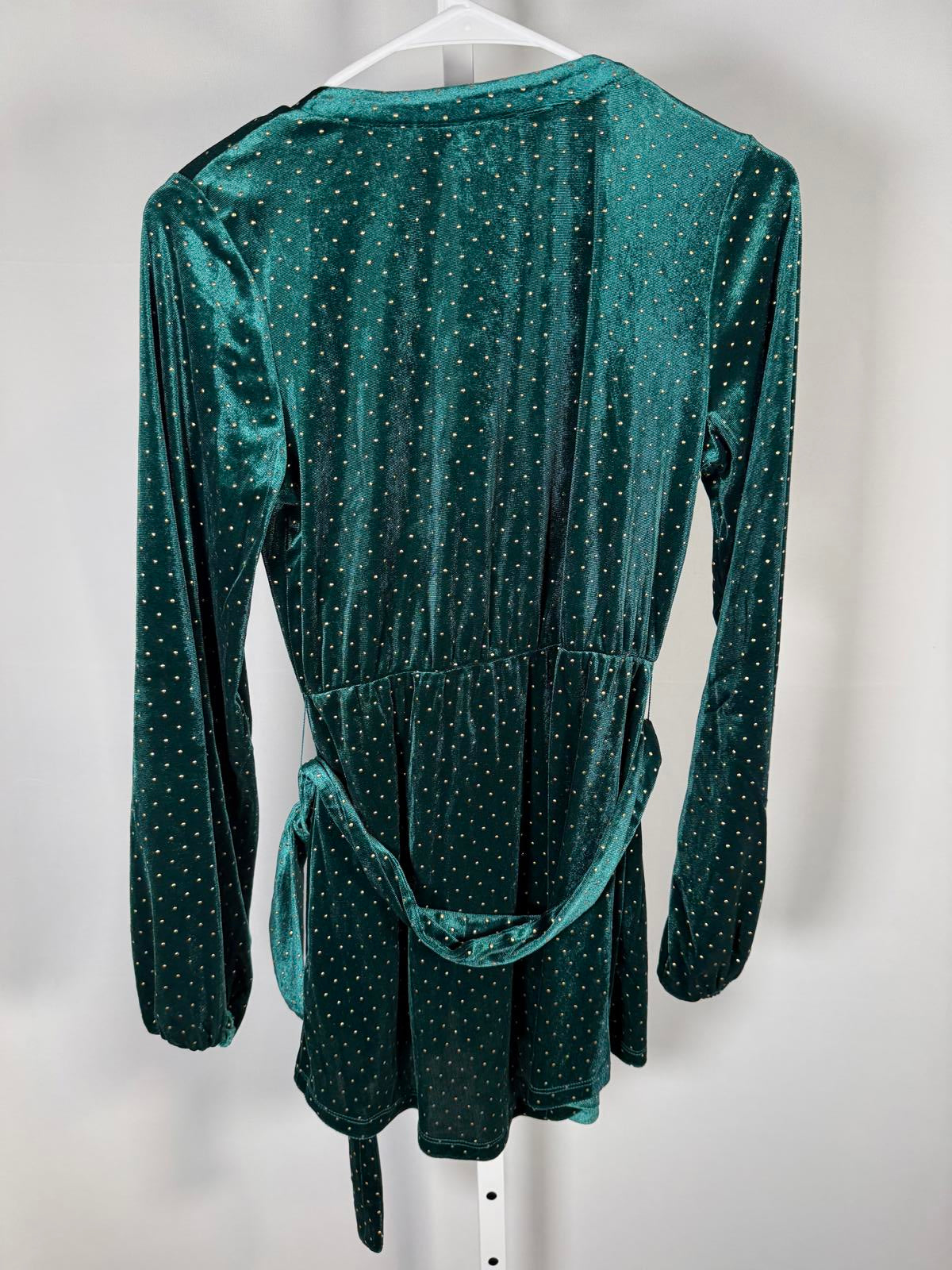 NWT Colleen Lopez Green Velvet Studded Belted Peplum Blouse Size XXS
